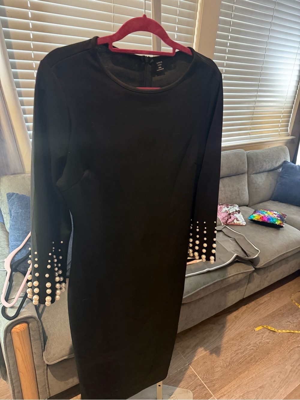 Black Pearl-Embellished Long Sleeve Sheath Dress